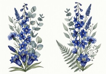 Watercolor Floral Bouquets with Blue Flowers, Eucalyptus and Ferns on White