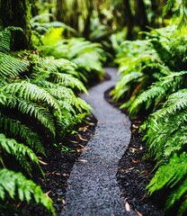 Serene Forest Pathway Surrounded by Lush Green Ferns and Trees