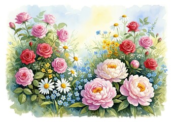 Watercolor Floral Garden with Roses, Peonies, Daisies and ForgetMeNots Flowers