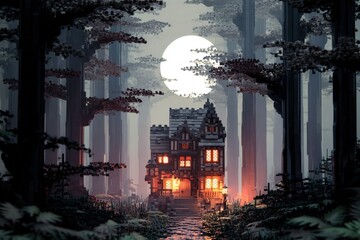 A pixelated medieval house stands at the edge of a misty forest, bathed in soft moonlight.