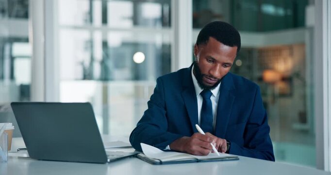 Business man, laptop and writing in notebook for case study notes, contract review and legal admin. Black person, lawyer and tech with information at law firm for lawsuit research and court schedule
