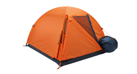 Orange tent stands on black backdrop. Product shot for camping, outdoor gear, travel ads.