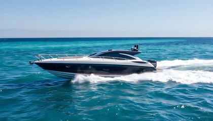 Fototapeta premium High-speed motor yacht gliding across turquoise water on a sunny day.