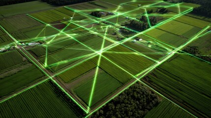 Aerial view of farmland with a digital network overlay, showcasing innovation in agriculture.