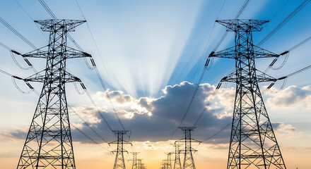 Silhouette of High-Voltage Power Transmission Towers at Sunset