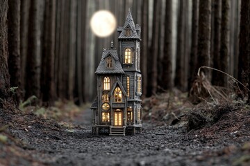A miniature gothic-style house, illuminated with warm light, stands in a dark forest path under a full moon.