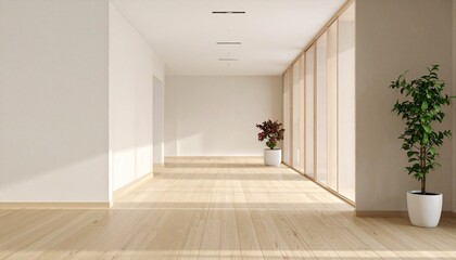 Bright Modern Empty Hallway with Wooden Floor
