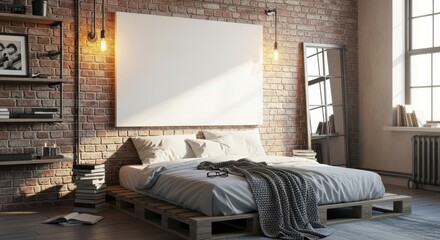 Cozy industrial style bedroom with exposed brick and large blank canvas artwork