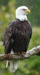 A magnificent bald eagle perched on a branch, its plumage glistening with raindrops, in a lush green setting.