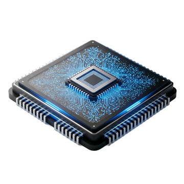 Advanced microchip with glowing blue circuitry represents cutting-edge technology and digital innovation