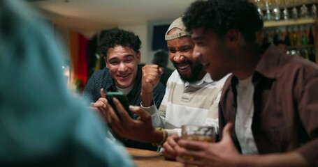 Pub, men and friends celebrate with mobile for sports betting, win prize or success online. Phone, bar or excited group cheer for gambling victory with score, goal or fist pump on night out with beer