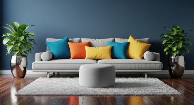 Modern living room sofa with colorful pillows and plants cozy home decor furniture