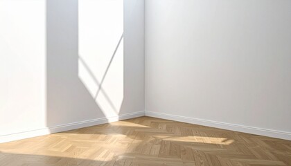 Bright empty room corner with white walls and wooden parquet floor illuminated by natural sunlight casting geometric shadows.