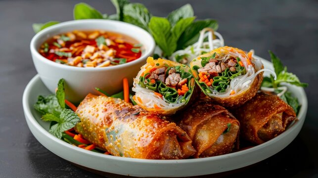  a perfectly golden-brown and crispy fried spring roll Cha Gio, cut in half diagonally to reveal the steaming