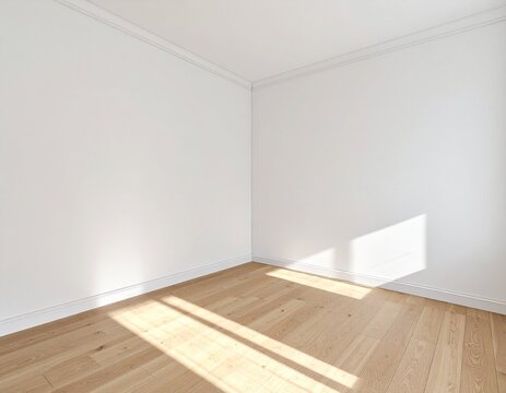 An empty, sunlit corner of a room featuring wooden flooring and white walls.