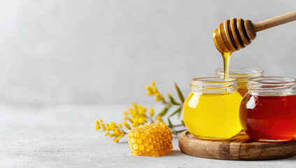 Golden honey pouring from wooden honey dipper into glass jars, acacia flowers and honeycomb on grey background