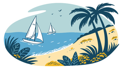 Sailboats on a tropical beach with palm trees