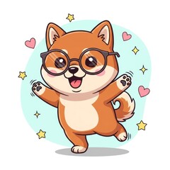 Fototapeta premium Cute Shiba Inu Dog with Glasses Dancing Happily Cartoon Illustration.