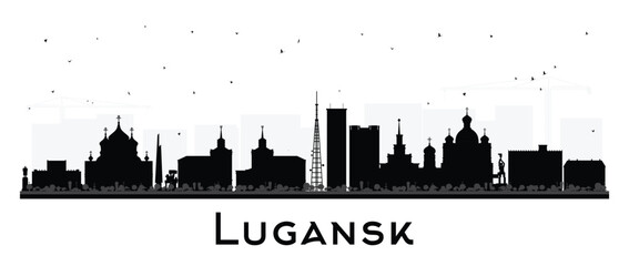 Fototapeta premium Lugansk city skyline silhouette with black buildings isolated on white. Luhansk cityscape with landmarks. Business travel and tourism concept with modern and historic architecture.
