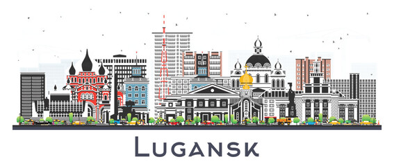 Lugansk city skyline with color buildings isolated on white. Luhansk cityscape with landmarks. Business travel and tourism concept with modern and historic architecture.