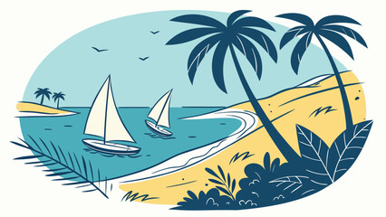 Obraz premium Tropical island scene with sailboats and palm trees
