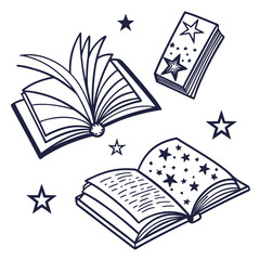 Open books with stars and magical elements floating around them in a whimsical illustration