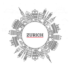 Outline Zurich Switzerland City Skyline with Historic Buildings and copy space Isolated on White. Illustration. Zurich Cityscape with Landmarks.