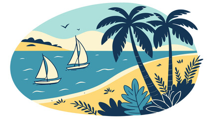 Obraz premium Tropical beach scene with sailboats and palm trees
