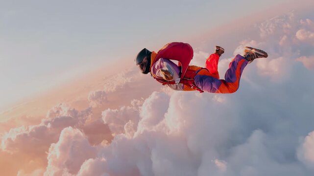 Skydiver in colorful jumpsuit flying through clouds during freefall at golden hour. 4K video
