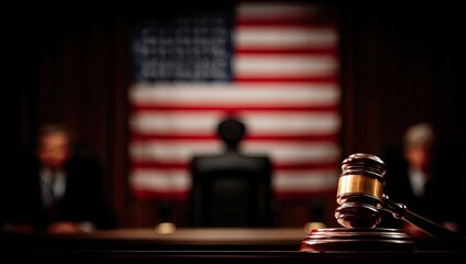 Courtroom gavel, flag backdrop