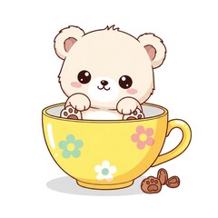 Cute Teddy Bear Sitting in a Yellow Coffee Cup with Flowers.