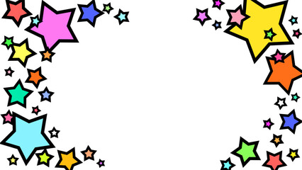 カラフルな星が飛び出すポップで目立つ白背景イラストフレーム　16:9