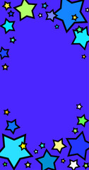 カラフルな星が飛び出すポップで目立つ青色背景イラストフレーム　縦型
