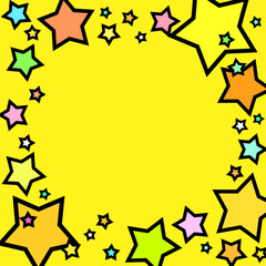 カラフルな星が飛び出すポップで目立つ黄色背景イラストフレーム　正方形