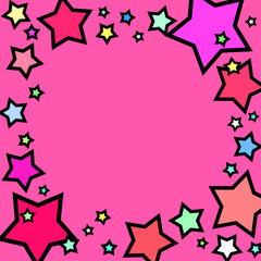 カラフルな星が飛び出すポップで目立つピンク背景イラストフレーム　正方形