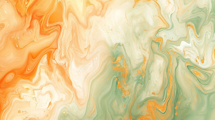 Abstract fluid art painting orange green gold swirls marble texture background