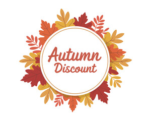 A vector illustration of a circular frame decorated with colorful autumn leaves for a seasonal discount or fall sale promotion