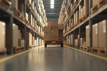 Shelves of Cardboard Boxes in Warehouse with Hand Truck in Aisle
