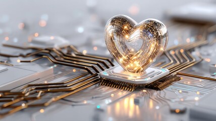 Glowing heart pulsing with energy on vibrant circuit board