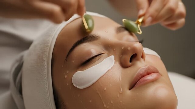 Woman receiving a facial treatment with jade rollers in a serene spa environment