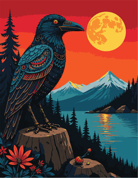 A raven and the moon in the coastal salish art style mixed with the aboriginal dot art style
