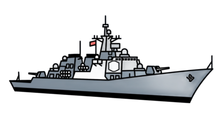 Detailed illustration of a modern warship with guns and radar equipment