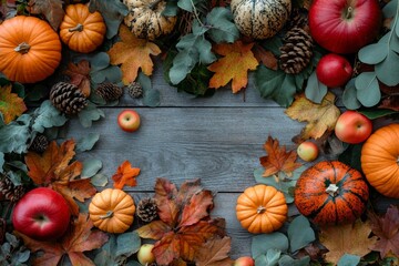 A fall harvest arrangement of pumpkins, apples, and leaves arranged on a weathered wooden surface creates a warm and inviting autumnal display.