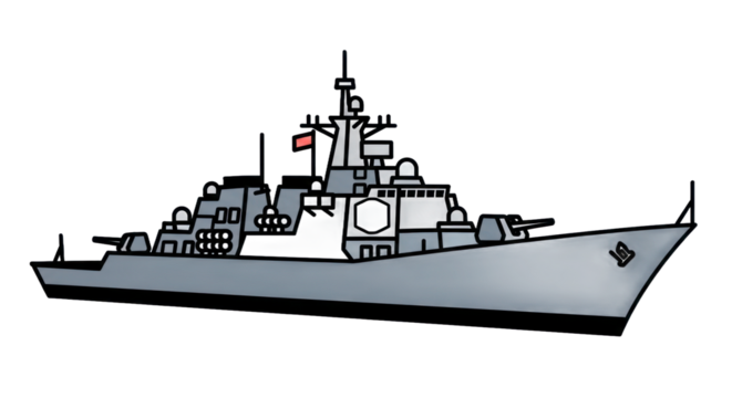 Detailed illustration of a modern warship with guns and radar equipment