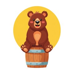 Fototapeta premium Cute cartoon bear sitting on a wooden barrel with a yellow circle background.