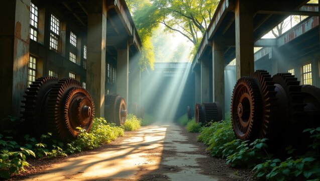 Abandoned houses,overgrown ruins,rusted machinery reclaimed by nature