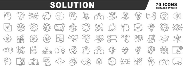 Obraz na płótnie Canvas Outline solution icons for problem solving, strategy, decision, puzzle integration, idea innovation, workflow optimization, target success, selection, validation management planning