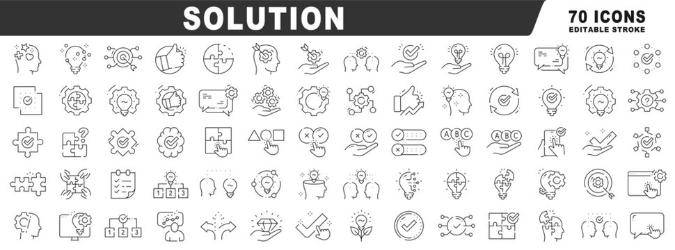 Outline solution icons for problem solving, strategy, decision, puzzle integration, idea innovation, workflow optimization, target success, selection, validation management planning