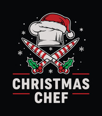 Christmas Chef – Festive Cooking T‑Shirt Design with Chef Hat, Santa Hat and Candy Cane Knives