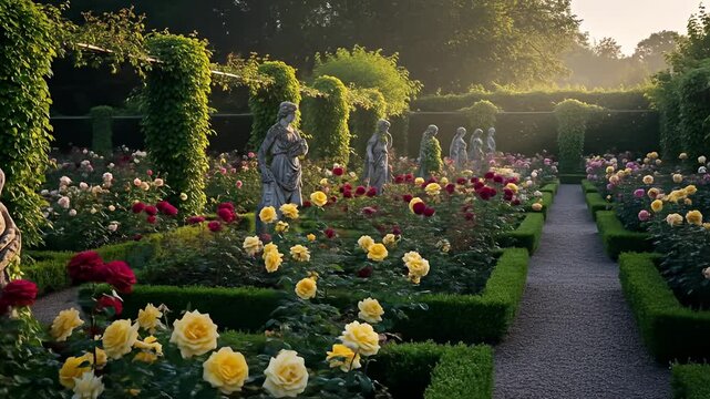 Serene garden filled with vibrant roses and classical statues, bathed in soft morning light